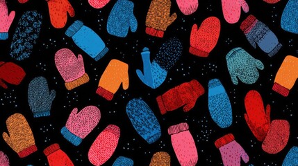 Seamless pattern of colorful mittens on a black background. the mittens are of different sizes and colors, including red, orange, blue, pink, and yellow.