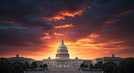 US Capitol Building under a dramatic, fiery sunset