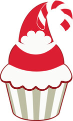Cupcake with Santa hat and candy cane illustration silhouette on a transparent background