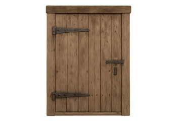 Old rustic wooden door featuring antique iron hinges and latch, rustic medieval entrance on transparent background