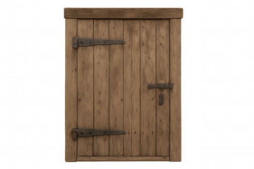 Old rustic wooden door featuring antique iron hinges and latch, rustic medieval entrance on transparent background