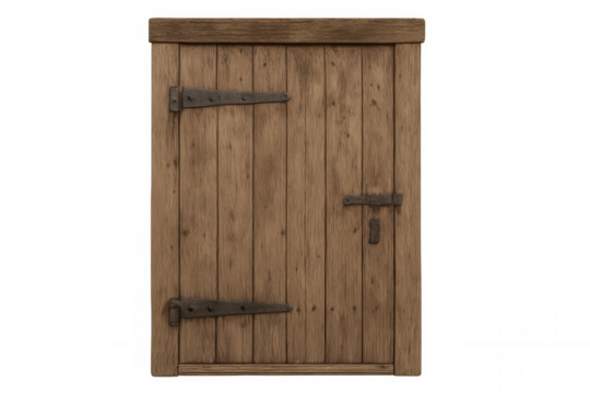 Old rustic wooden door featuring antique iron hinges and latch, rustic medieval entrance on transparent background