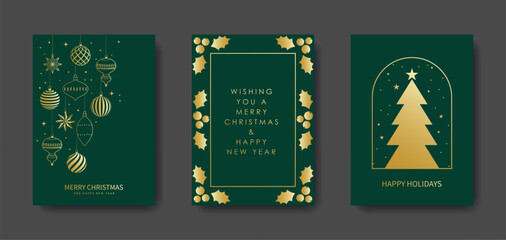 Merry Christmas and Happy New Year greeting card with golden Christmas tree baubles. Holly leaves and berries, a Christmas tree with snowflakes on a green background. Vector illustration. © sunshinys