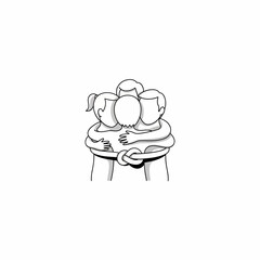 Minimalist line art illustration of a group hug, isolated on white background, symbolizing unity, support, and connection in a simple and heartwarming design