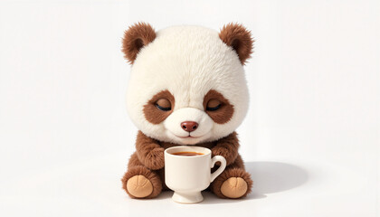 Cute panda plush toy enjoying a cup of tea with a peaceful expression on a white background