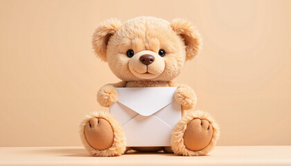 Cute teddy bear holding an envelope with a warm smile against a soft orange background