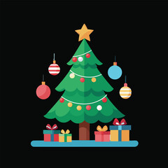 Decorated Christmas tree with toys and garlands. Christmas tree for banners and design. Vector flat illustration. Christmas toys and balloons, new year vector graphics on black