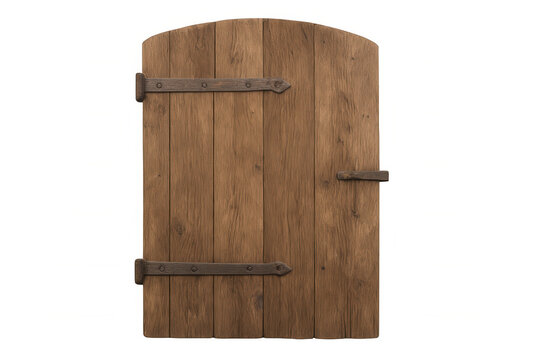 Old rustic wooden door with arched top featuring antique metal hinges and a simple latch, transparent background