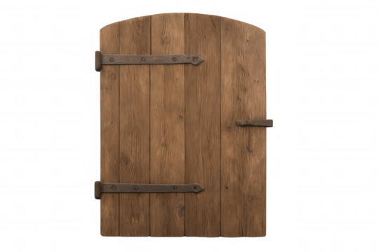 Old rustic wooden door with arched top featuring antique metal hinges and a simple latch, transparent background
