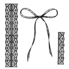 Vector black and white fabric decorative elements in an engraving style. Lace and bow for festive printed design for birthdays and weddings.