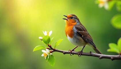 Fototapeta premium Joyful Robin Redbreast Singing in Spring Blossoms A Peaceful Easter Scene