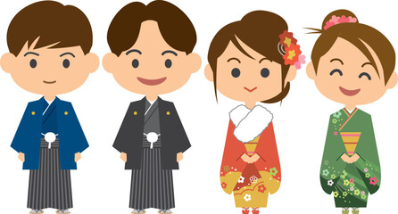 羽織袴姿の男性と振袖姿の女性のイメージイラスト