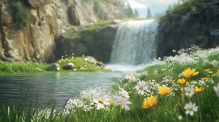 A serene waterfall cascading into a clear pond surrounded by lush greenery and blooming wildflowers on a bright sunny day in spring