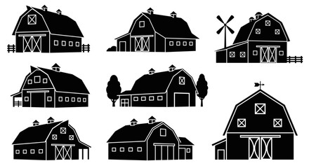 Collection of black and white barn silhouettes illustrating rural architecture and agricultural scenes.