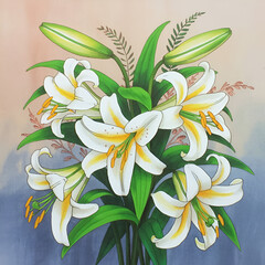 Arrangement of white lilies with yellow markings and green leaves