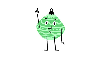 Cute Green Christmas Diamond Shape Ornament Character Raising Hand Asking Questions or Attention Hand Drawn Doodle Illustration on Transparent Background