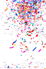 Cascading bright confetti fills a stark void