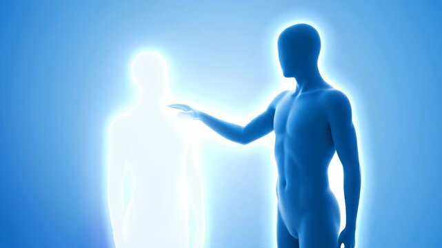 Anatomical figures interacting on solid backdrop in minimalist style.