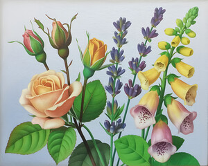 Beautiful vintage botanical illustration featuring roses foxgloves and lavender flowers