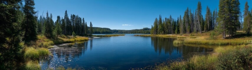 Fototapeta premium Panoramic hdr nature view of serene lake surrounded by forests