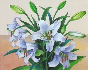 Watercolor painting of white lilies and buds a floral bouquet