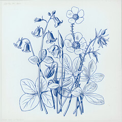 Botanical illustration with flowers and leaves in a blue hue