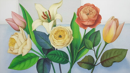 Elegant floral arrangement of roses lilies and tulips on light background