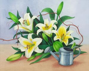 Watercolor painting of easter lilies with watering can still life style