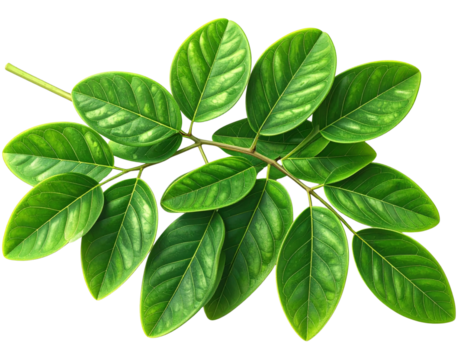 - A fresh green moringa branch with clustered oval leaves in natural formation, realistic botanical detail with visible leaf veins ansoft shadows, isolated on a transparent background