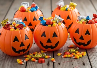 Five orange jack o lanterns filled with halloween candy on wood