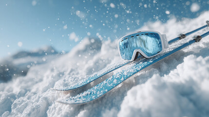 Blue skis and snow goggles resting on fresh powder snow with flying snowflakes on a sunny mountain slope winter sports concept