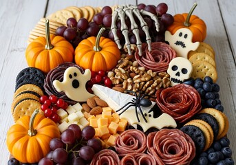 Spooky halloween charcuterie board with mini pumpkins and festive treats