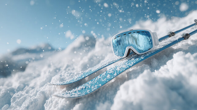 Blue skis and snow goggles resting on fresh powder snow with flying snowflakes on a sunny mountain slope winter sports concept