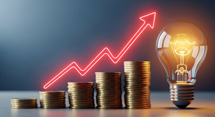 "Stacked coins beside glowing light bulb with red upward arrow — innovation, investment and rising returns concept"