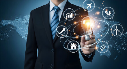 Businessman Holding Glowing Digital Globe Hologram Representing Global Finance Technology and Innovation