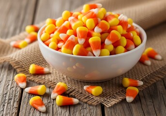 A bowl overflowing with colorful candy corn on a rustic wooden surface
