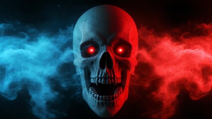 Scary skull with glowing red eyes and blue and red smoke