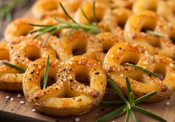 Golden brown pretzels with rosemary and sea salt