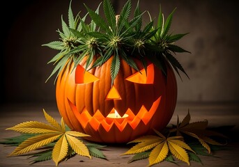 Spooky cannabis jack o lantern with autumn leaves