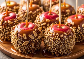 Delicious caramel apples covered in chopped nuts on a wooden platter