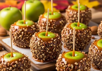 Delicious homemade caramel apples covered in chopped nuts