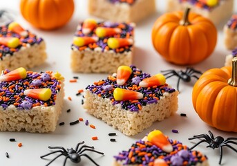 Festive halloween rice krispie treats decorated with candy corn and sprinkles