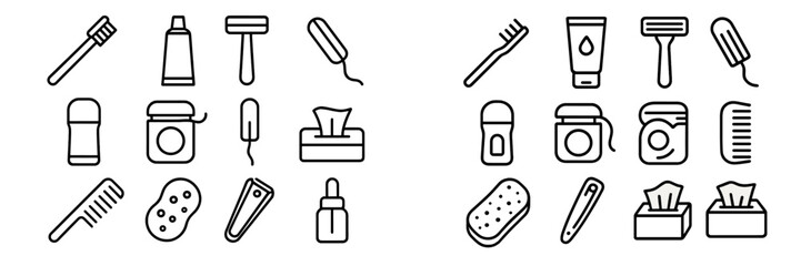 Cleaning and personal care items arranged neatly with various tools and products for daily hygiene tasks
