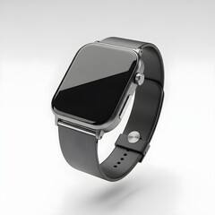 A sleek black smartwatch with a dark, blank screen and rubber strap, isolated on a white background. Represents wearable technology, fitness tracking, and modern digital health monitoring devices.