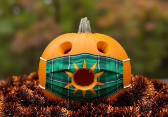 Carved halloween pumpkin wearing a face mask with a tartan pattern