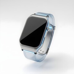 A metallic smartwatch with a blank screen and a transparent blue strap, isolated on a light background. Represents futuristic wearable technology, digital health, and high-tech communication devices.