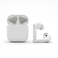 Two white wireless earbuds and their open charging case isolated on a clean background. Depicts modern portable audio technology for daily use, fitness, and hands-free communication.