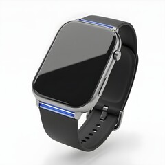 A metallic silver smartwatch with a blank black screen and subtle blue glowing accents, isolated on white. Symbolizes modern wearable technology, digital connectivity, and future fitness.
