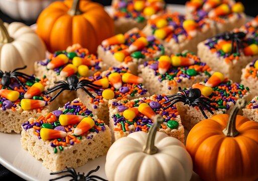 Festive halloween rice krispie treats with candy corn and sprinkles