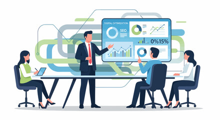 Executive Meeting Presenting Digital Optimization Business Strategy Graphics